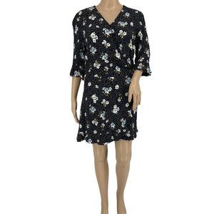 LOFT wrap romper dress 8 ruffle bell sleeve black blue white floral mini